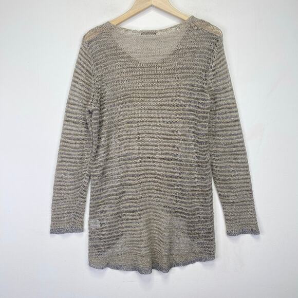 EILEEN FISHER Metallic Open Knit Sweater Beige Womens L Linen Blend Lagenlook - Picture 3 of 7